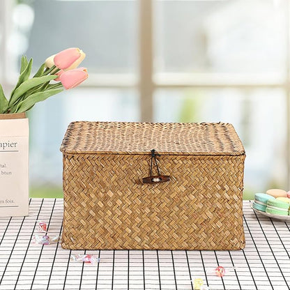 Hipiwe Handwoven Seagrass Basket Bin Square Household Storage Container with Lid Wicker Shelf Basket Bin for Bookshelf Living Room Bath Room, Large Caramel