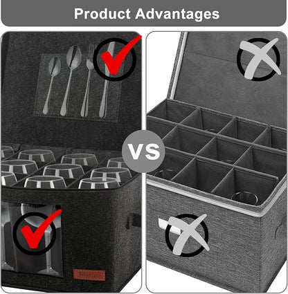 Foyego 2 Pack Wine Glass Storage Box with Dividers, Stemware Storage Containers for Packing and Moving, China Storage Containers Box for 12 Crystal Glassware, Wine Glasses, Drinkware,Dark Gray