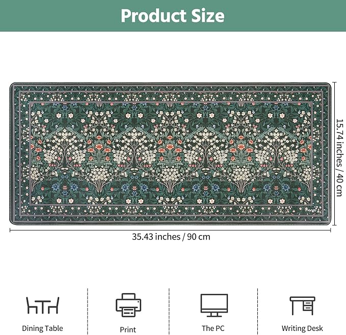 MOSISO Large Mouse Pad Gaming Mousepad, 35.43 x 15.74 inches Vintage Floral Cluster PU Leather Mousepad with Anti-Slip Base&Stitched Edges, Keyboard Pad Mouse Mat for Desktop/Office/Home, Green