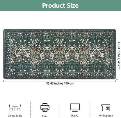 MOSISO Large Mouse Pad Gaming Mousepad, 35.43 x 15.74 inches Vintage Floral Cluster PU Leather Mousepad with Anti-Slip Base&Stitched Edges, Keyboard Pad Mouse Mat for Desktop/Office/Home, Green