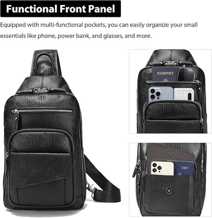 LANNSYNE Full Grain Leather Casual Sling Bag For Men Hiking/Travel/Business Crossbody Chest Bag Fits 12.9" iPad