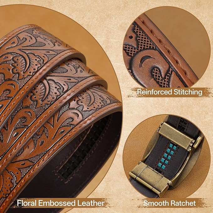 Cowboy Western Ratchet Belt for Men Women with Automatic Western Buckle, Ratchet Cowboy Leather Belt for Jeans Gifts