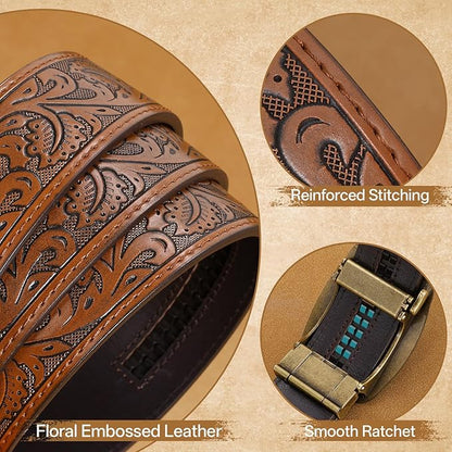 Cowboy Western Ratchet Belt for Men Women with Automatic Western Buckle, Ratchet Cowboy Leather Belt for Jeans Gifts