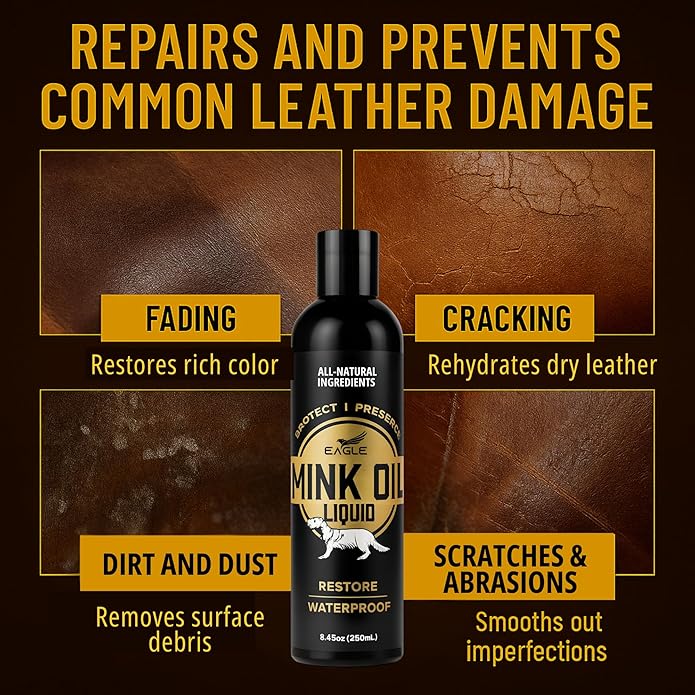 Eagle Mink Oil Liquid Leather Conditioner 8oz with Cloth – Softens, Waterproofs & Preserves Boots, Shoes, Bags, Jackets & Furniture – Natural Leather & Vinyl Conditioner for Long-Lasting Protection