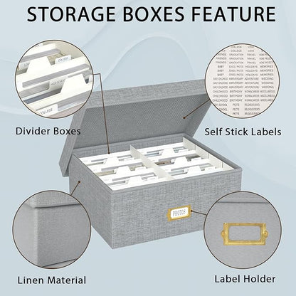 Decorative Photo Storage Box - 2 Pack Linen Photo Box Organizer with Dividers, Fits Holds Up to 1700 Pictures and 4x6 Photos, Memory Keepsake Organizer for Scrapbook Supplies, Cards, Stamps (Grey)
