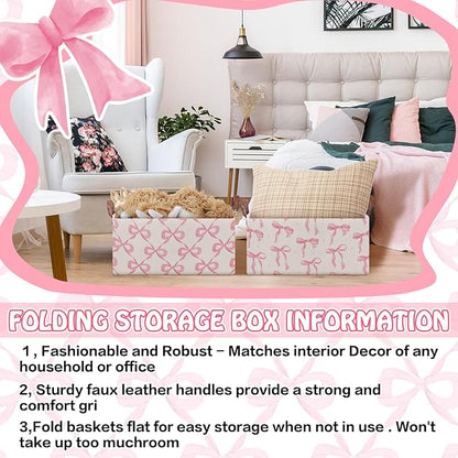 Boao 3 Pcs Coquette Pink Bow Storage Bin Collapsible Large Storage Baskets for Gifts Empty Candy Holiday Decor Canvas Laundry Basket Foldable Box with Handle for Office Home Bedroom Clothes
