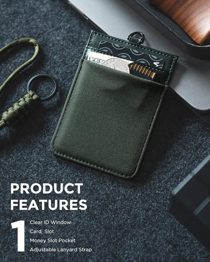 VULKIT ID Badge Holder with Lanyard for Women and Men Vertical Leather Badge Holder with Clear ID Window Card Holder Slot and Money Pocket Royal Green