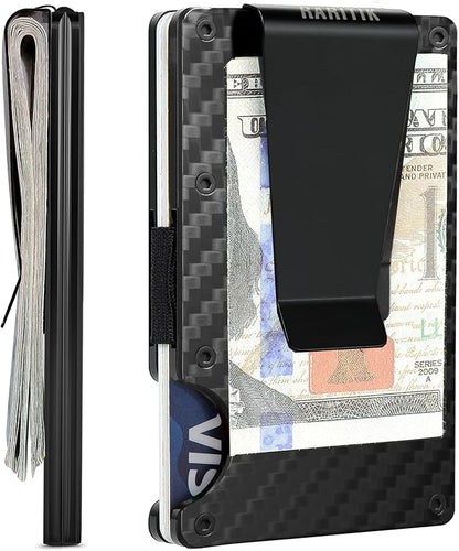 Minimalist Carbon Fiber Wallet for Men, Money Clip Cash Strap Wallet, RFID Blocking Metal Wallet Aluminum Card Holder,Front Pocket Wallet(Carbon Fiber)