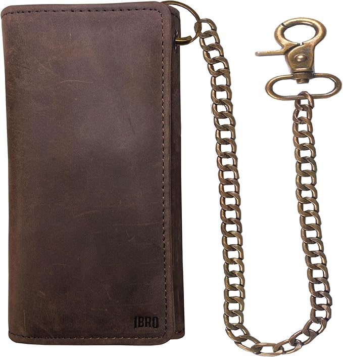 IBRO VINTAGE Motorcycle Chain Wallet for Men – Premium Cowhide Leather, RFID Tri-Fold Biker Wallet with Heavy Duty Chain for Bikers Truckers & Hunters, Credit Card Money Organizer Long Wallet | Long Trifold, RFID Blocking, Men's, Trucker Biker
