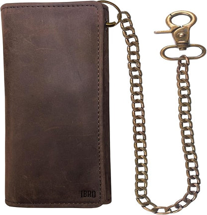 IBRO VINTAGE Motorcycle Chain Wallet for Men – Premium Cowhide Leather, RFID Tri-Fold Biker Wallet with Heavy Duty Chain for Bikers Truckers & Hunters, Credit Card Money Organizer Long Wallet | Long Trifold, RFID Blocking, Men's, Trucker Biker