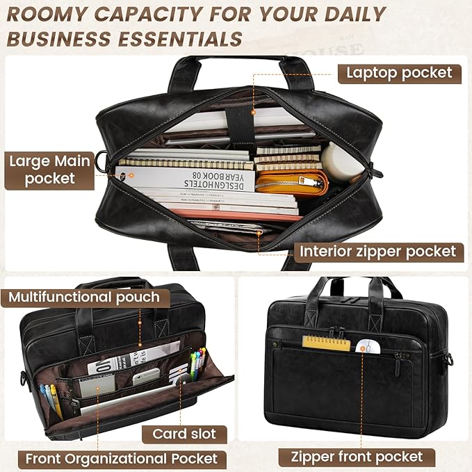 RAINSMORE Mens Laptop Bag 16 Inch Leather Briefcase Vintage Messenger Bag for Men Large Crossbody Shoulder Office Computer Bag Retro College Satchel for Work, Business,Travel, Black