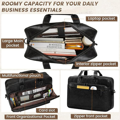 RAINSMORE Mens Laptop Bag 16 Inch Leather Briefcase Vintage Messenger Bag for Men Large Crossbody Shoulder Office Computer Bag Retro College Satchel for Work, Business,Travel, Black