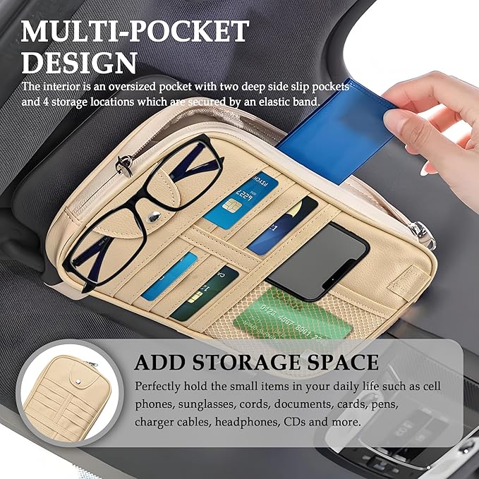 Upgrade Car Visor Organizer,Multipurpose Car Sun Visor Organizer with Sunglasses Holder for CCar Storage Bank Cards,Driver's License,PU Leather Truck VVisor Organizers for Most Vehicles (Beige)