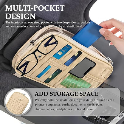 Upgrade Car Visor Organizer,Multipurpose Car Sun Visor Organizer with Sunglasses Holder for CCar Storage Bank Cards,Driver's License,PU Leather Truck VVisor Organizers for Most Vehicles (Beige)