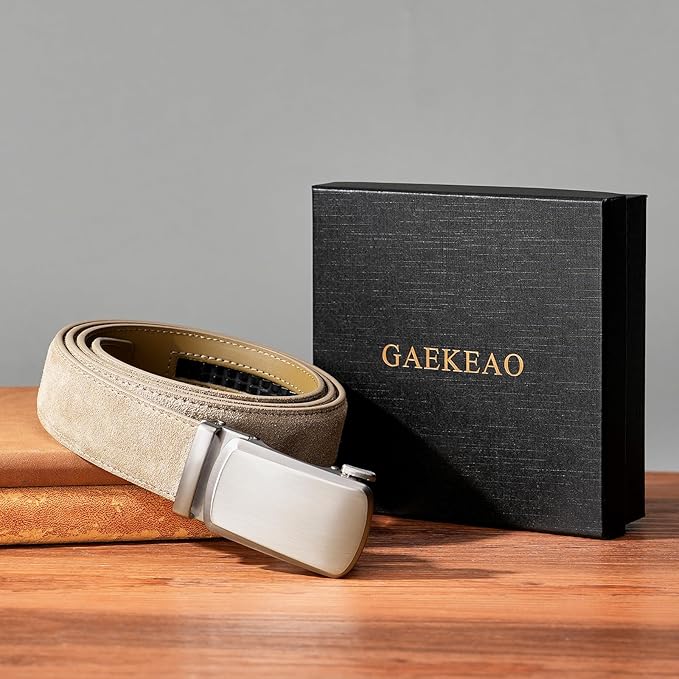 GAEKEAO Men's Belt Suede Leather Ratchet Belt for Men Micro-Adjustable Buckle for Dress, Casual & Everyday Wear, Trim to Fit
