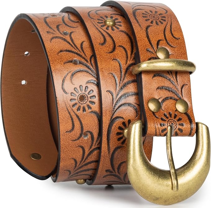 Mealah Vintage Western-Cowboy-Belt for Women Men - Carved Buckle PU Leather Waist Belts (for Waist 28"-38")
