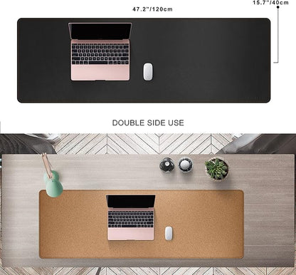 MAIDERN 47.2" x 15.7" Cork & Leather Desk Pad, Large XXL Mat, Full Mouse Pad, Dual Sided Protector for Gaming Home Office (Black)