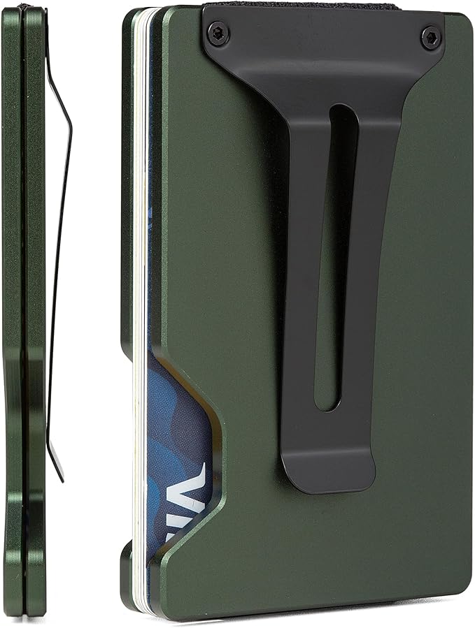 Minimalist Carbon Fiber Wallet for Men, Money Clip Cash Strap Wallet, RFID Blocking Metal Wallet Aluminum Card Holder,Front Pocket Wallet(Matte Green)
