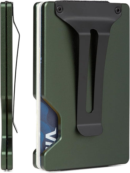 Minimalist Carbon Fiber Wallet for Men, Money Clip Cash Strap Wallet, RFID Blocking Metal Wallet Aluminum Card Holder,Front Pocket Wallet(Matte Green)