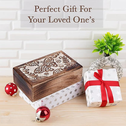 Ajuny Hand-Carved Mango Wood Jewelry Box 8x5 in – Butterfly Design Keepsake & Trinket Organizer, Vintage Decorative Chest with Hinged Lid (White/Brown) – Handmade Gift for Women & Girls