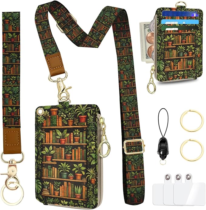 Bookshelf Lanyard Wallet with Id Badge Holder, RFID Small Keychain Wallet Women Wristlet, Cute Zipper Credit Id Card Holder Phone Wrist Neck Strap for Key Name Tag, Nurse Teacher Office Gift