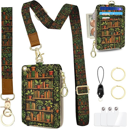Bookshelf Lanyard Wallet with Id Badge Holder, RFID Small Keychain Wallet Women Wristlet, Cute Zipper Credit Id Card Holder Phone Wrist Neck Strap for Key Name Tag, Nurse Teacher Office Gift