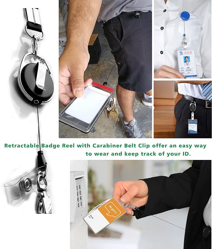 ID Card Case + Heavy Duty Lanyard (Black) + Badge Holder Retractable Reel Carabiner and Plastic Clip (Genuine Leather)