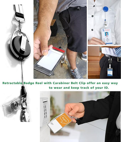 ID Card Case + Heavy Duty Lanyard (Black) + Badge Holder Retractable Reel Carabiner and Plastic Clip (Genuine Leather)