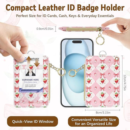 Leather Cute Badge Holder with Zipper Pocket, Pink Strawberry Bow Lanyards and 1 Zip Pocket and 4 Card Slots, Breakaway Lanyards with Metal Clasp for Offices, Staff, Adult, Employees