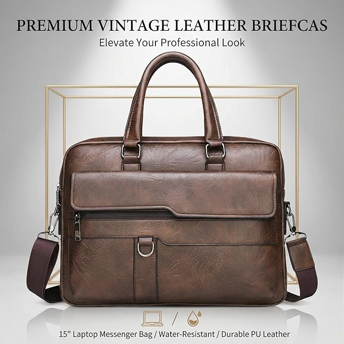 Men's Leather Laptop Bag 15 IN, Water-Resistant Briefcase Messenger Bag for Work, Business, Shoulder Crossbody Office Satchel