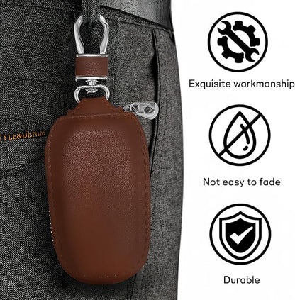 Car Key Case, Genuine Leather Auto Key Fob Protector, Universal Key Fob Cover Case with Metal Hook, Car Smart Keychain Holder for Remote Key Fob, Vehicle Keyring Zipper Bag (Coffee)
