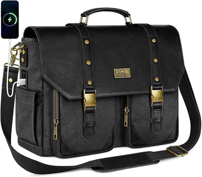 MATEIN Vintage Messenger Bag for Women, 15.6 Inch Laptop Bag Large Canvas PU Leather Briefcase with USB Port, Water Resistant Computer Shoulder Satchel Crossbody for Work Commuting, Grey-Black
