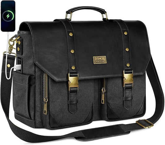 MATEIN Vintage Messenger Bag for Women, 15.6 Inch Laptop Bag Large Canvas PU Leather Briefcase with USB Port, Water Resistant Computer Shoulder Satchel Crossbody for Work Commuting, Grey-Black