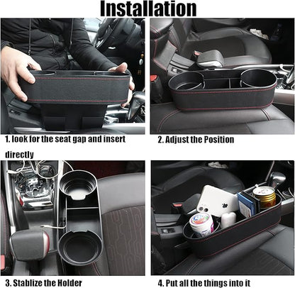 Car Cup Holder Seat Gap Organizer, Multifunctional Cup Drink Holders with PU Leather Cover,Side Insert Center Console Gap Filler Storage Box for Mug Bottle CellPhones Keys Coffee Coasters Cards