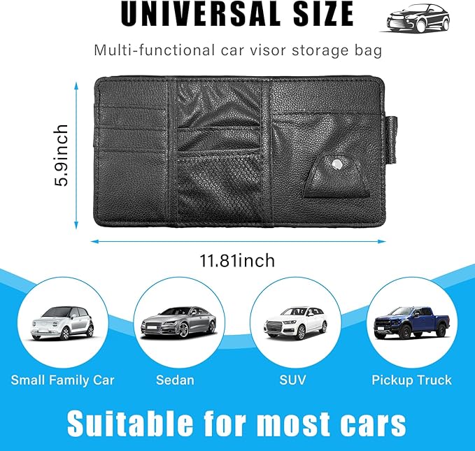 Augeny Car Sun Visor Organizer, Leather Personal Belonging Storage Pouch with Zipper, Car Visor Storage Pouch Sunglasses Holder, Auto Interior Accessories Pocket Organizers (Black)