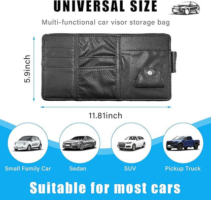 Augeny Car Sun Visor Organizer, Leather Personal Belonging Storage Pouch with Zipper, Car Visor Storage Pouch Sunglasses Holder, Auto Interior Accessories Pocket Organizers (Black)