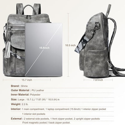 Shrrie Laptop Backpack for Women 15.6 inch,Travel Leather Backpack Purse Nurse Teacher Carry on Backpack Computer Bag,Professional Water-Resistant College Business Work Casual Daypack,Deep Gray