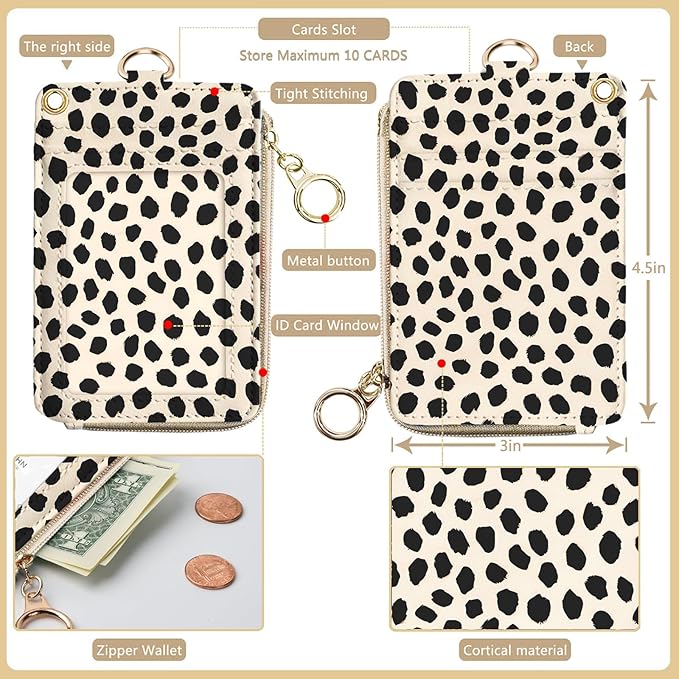 bolimoss Polka Dot ID Badge Holder Cute Teacher Lanyard Wallet, Credit Card Holders with Removable Wristlet & Neck Lanyard, Leather ID Name Badg 5 Card Slots Zipper Purses