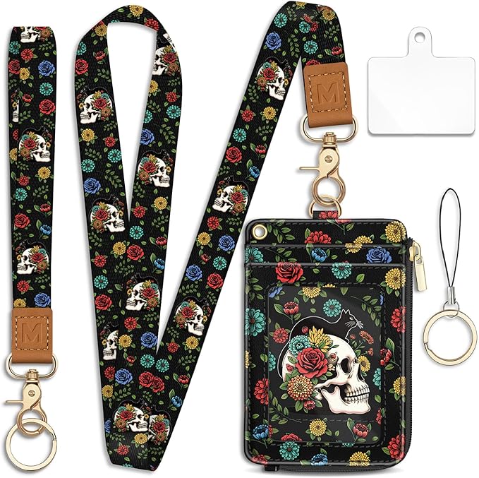 Goth Skull Floral Lanyard Wallet with ID Badge Holder, Black Cat Small RFID Wallet Women Keychain Wristlet, Slim Credit Card Holder with Zipper Pocket Phone Lanyard Wrist Strap Name Tag Office Teacher