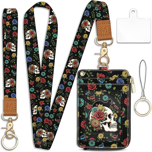 Goth Skull Floral Lanyard Wallet with ID Badge Holder, Black Cat Small RFID Wallet Women Keychain Wristlet, Slim Credit Card Holder with Zipper Pocket Phone Lanyard Wrist Strap Name Tag Office Teacher