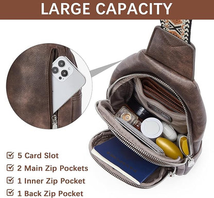 BOSTANTEN Sling Bag for Women Leather Crossbody Bag Vintage Cross Body Purse for Travel with Guitar Strap, Bohemian Style