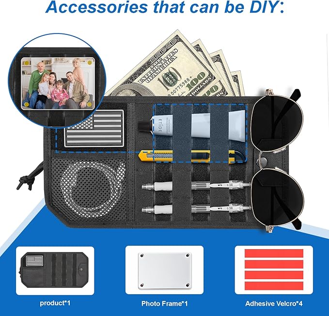 Car Sun Visor Organizer,Truck Accessories with Photo Frame & Zippered Pocket, Universal Visor Organizer Bag with Acrylic Window, Fits Most Cars for Storage