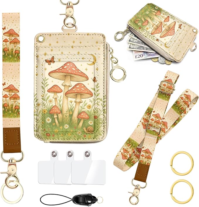 Lanyard Wallet with ID Badge Holder, PU Leather Credit Card Holder with Zipper Pocket Phone Lanyard Wrist Strap Small RFID Wallet Women Keychain Wristlet Teacher Doctor Office-Mushroom