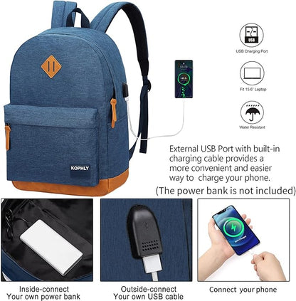 Laptop Backpack with Leather Decoration, USB Charging Port, Classic Backpack for College, Work, Travel(18 Inches/Navy)