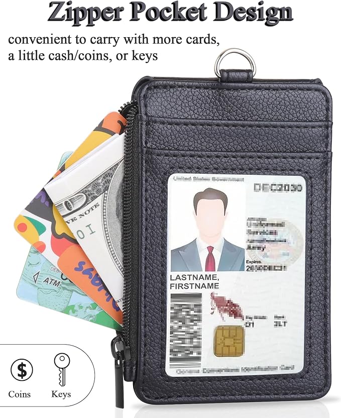 Teskyer Badge Holder with Side Zip Pocket, Multiple Card Slots Leather ID Holder Wallet with Neck Lanyard for Office Staffs, Teachers/Students, Workers, Cruise Cards, Bus/Metro Cards, Lichee Black
