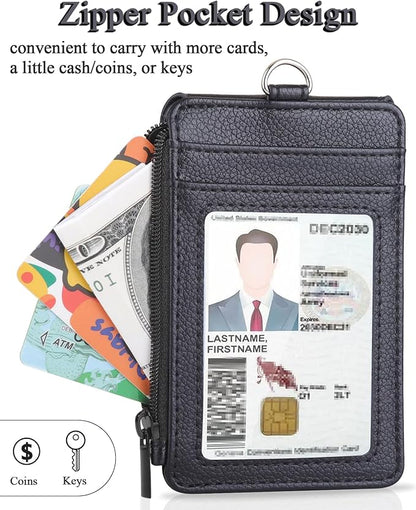 Teskyer Badge Holder with Side Zip Pocket, Multiple Card Slots Leather ID Holder Wallet with Neck Lanyard for Office Staffs, Teachers/Students, Workers, Cruise Cards, Bus/Metro Cards, Lichee Black