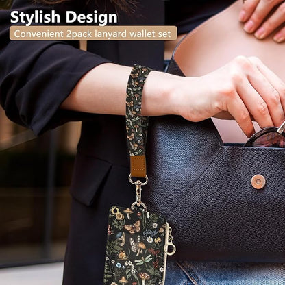 bolimoss Mushroom Lanyard for Id Badge, Cute Women Lanyard with Wallet,ID Badge Holder with Neck & Wristlet Lanyard, VintagePu Leather Zip Id Case Wallet with Removable Lanyard, Keychain Wallet