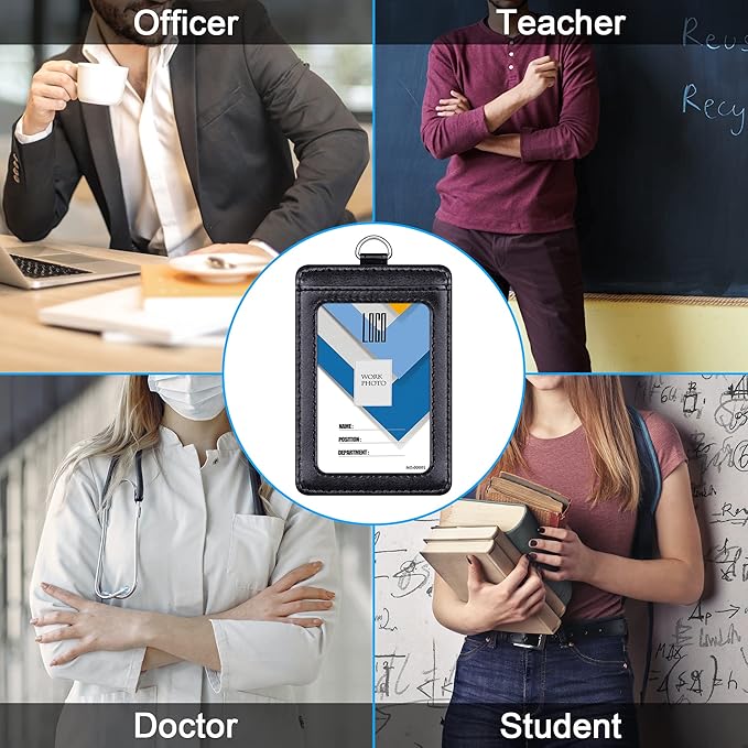 Badge Holder, Wisdompro School Supply 2-Sided PU Leather College ID Badge Card Holder Wallet Case with 1 Clear ID Window and 1 Credit Card Slot and 22 Inch Detachable Neck Lanyard - Black (Vertical)