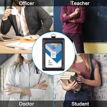 Badge Holder, Wisdompro School Supply 2-Sided PU Leather College ID Badge Card Holder Wallet Case with 1 Clear ID Window and 1 Credit Card Slot and 22 Inch Detachable Neck Lanyard - Black (Vertical)
