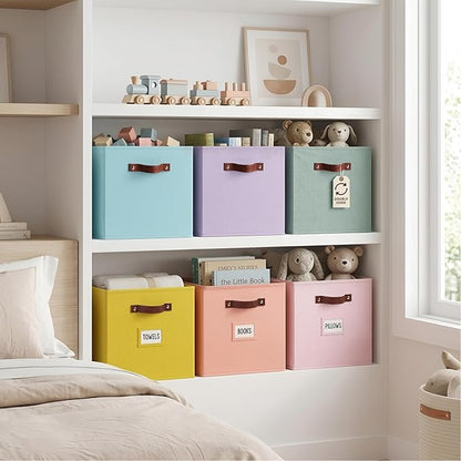 DECOMOMO Storage Bins, Cube Storage Bin with Labels, Fabric Storage Cubes for Shelves (10.5" x 11" / 6pcs, Rainbow)